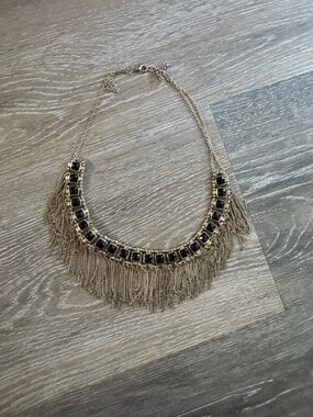 Black and gold tone bib fringe necklace cleopatra style